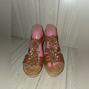 Rieker Brown Leather Sling Back Floral Wedge Sandals Size 8 Boho Summer Vacation